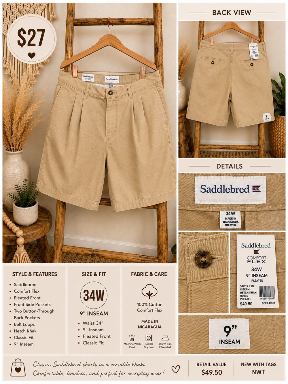 Saddlebred Men’s Hetch Khaki Flat Front Shorts Size 34” Waist NWT Classic Fit